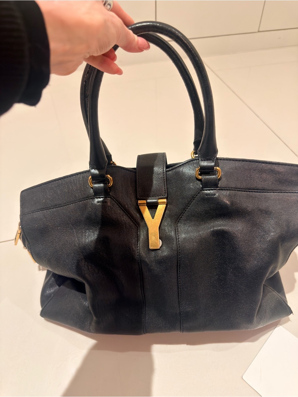 Yves Saint Laurent Black Leather Tote with Gold 'Y' Hardware